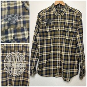 Harley-Davidson Men's Plaid Shirt - Blue and Tan
